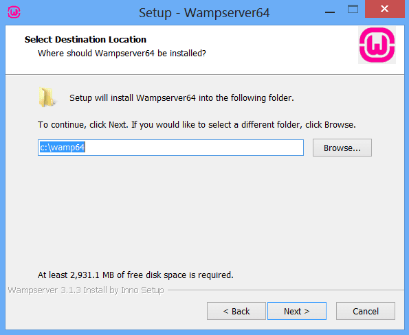 select destination location for wampserver